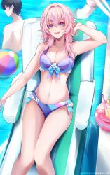 Rule 34 | 1boy, 2girls, aqua eyes, ball, beachball, bench, bikini, bunni stardust, commentary, dan heng (honkai: star rail), english commentary, hair between eyes, highres, honkai: star rail, honkai (series), long hair, looking at viewer, march 7th (honkai: star rail), multicolored eyes, multiple girls, navel, on bench, open mouth, pink eyes, pink hair, purple bikini, smile, stelle (honkai: star rail), stomach, swimsuit, trailblazer (honkai: star rail), two-tone eyes