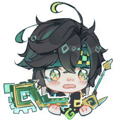 1boy ahoge aqua_hair aqua_headband black_hair black_shirt blush_stickers broken checkered_clothes checkered_headband chibi crossed_bangs genshin_impact green_eyes hair_between_eyes holding holding_staff kinich_(genshin_impact) male_focus meng_qiao messy_hair multicolored_hair open_mouth sad shirt short_hair simple_background solo staff streaked_hair teardrop tearing_up two-tone_hair wavy_mouth white_background