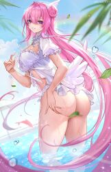 Rule 34 | 1girl, ass, bikini, blush, breasts, convenient censoring, cruise ship, dorothy (nikke), dorothy (serendipity) (nikke), dress swimsuit, goddess of victory: nikke, hair bun, hanh chu, highres, inflatable wings, large breasts, leaf, leaf censor, long hair, looking at viewer, navel, official alternate costume, open mouth, outdoors, pink hair, pool, purple eyes, single side bun, smile, solo, stomach, swimsuit, teeth, thong bikini, very long hair, water, white bikini