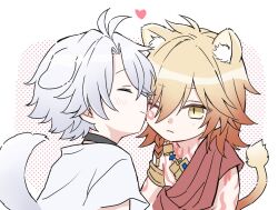 Rule 34 | 2boys, animal ear fluff, animal ears, antenna hair, arm tattoo, black choker, blonde hair, braid, chest tattoo, chibi, chibi only, choker, closed eyes, commentary request, dog boy, dog ears, dog tail, facial tattoo, gold necklace, gradient hair, hair between eyes, honkai: star rail, honkai (series), jewelry, kiss, kissing cheek, lion boy, lion ears, lion tail, male focus, medium hair, multicolored hair, multiple boys, mydei (honkai: star rail), necklace, one eye closed, phainon (honkai: star rail), red hair, red robe, red tattoo, robe, same wallhit, shirt, short hair, side braid, tail, tattoo, white hair, white shirt, yaoi, yellow eyes