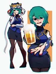 1girl alcohol arm_under_breasts beer_mug black_eyes black_pantyhose black_skirt blue_vest breasts closed_mouth cup drunk epaulettes frilled_hat frills green_hair hat highres iganashi1 incoming_drink juliet_sleeves long_sleeves medium_breasts mug multiple_views no_headwear offering_hand open_mouth outstretched_hand pantyhose pencil_skirt puffy_sleeves shiki_eiki shirt skirt smile touhou vest white_shirt