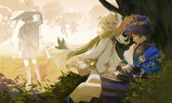 1girl 2boys 5others absurdres against_tree alternate_headwear alternate_skin_color anemo_symbol_(genshin_impact) animal anklet aqua_sleeves arm_at_side arm_up armor black_bodysuit black_cat black_hair black_shorts bloomers blue_kimono blunt_ends bodysuit bracelet bridal_gauntlets bright_pupils bush cape cat closed_eyes closed_mouth cross-shaped_pupils dark-skinned_female dark_skin detached_sleeves dress dual_persona flower_wreath fringe_trim furisode gem genshin_impact gold gold_trim green_cape green_eyes green_gemstone green_hair green_sleeves hair_ornament hakama hakama_shorts han&#039;eri hand_up hat highres holding holding_animal holding_cat japanese_armor japanese_clothes jewelry jingasa katsuragi_(genshin_impact) kimono kote kurokote layered_clothes layered_kimono layered_sleeves leaf leaf_hair_ornament long_hair mandarin_collar multiple_boys multiple_others nahida_(genshin_impact) niwa_(genshin_impact) open_clothes open_hands open_kimono open_mouth pointy_ears pom_pom_(clothes) scaramouche_(cat)_(genshin_impact) scaramouche_(genshin_impact) scaramouche_(kabukimono)_(genshin_impact) short_sleeves shorts shoulder_peek sitting sleeping standing stirrup_footwear sutoujuku symbol-shaped_pupils teeth tree twitter_username underwear upper_teeth_only vision_(genshin_impact) wanderer_(genshin_impact) white_bloomers white_dress white_hair white_kimono white_pupils white_sleeves wide_sleeves