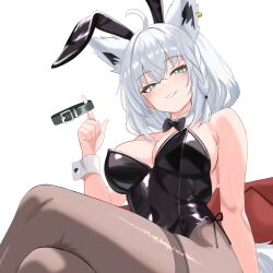 Rule 34 | 1girl, ahoge, alternate costume, animal ear fluff, animal ear piercing, animal ears, aqua eyes, bare shoulders, black bow, black bowtie, black leotard, black pantyhose, bow, bowtie, braid, breasts, cleavage, collar, commentary request, couch, covered navel, crossed bangs, crossed legs, detached collar, double-parted bangs, extra ears, fake animal ears, fox ears, fox girl, fox tail, grin, hair between eyes, highleg, highleg leotard, holding, holding collar, hololive, large breasts, leotard, long hair, looking at viewer, low ponytail, on couch, pantyhose, pentagram, playboy bunny, ponytail, rabbit ears, rijeka1918, shirakami fubuki, side-tie leotard, side braid, simple background, sitting, smile, solo, strapless, strapless leotard, tail, thighband pantyhose, traditional bowtie, transparent background, upper body, virtual youtuber, white hair, white wrist cuffs, wrist cuffs