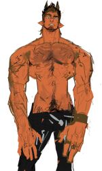 1boy bara chest_hair colored_skin demon_boy demon_horns facial_hair feet_out_of_frame goatee hairy head_tilt highres horikwawataru horns huge_eyebrows large_hands large_pectorals long_sideburns looking_at_viewer male_focus mature_male muscular muscular_male navel_hair nipples original pectorals pointy_ears red_skin short_hair sideburns sketch solo standing thick_eyebrows thick_neck topless_male