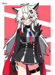1girl :d absurdres animal_ears arknights arms_at_sides artist_name black_gloves black_jacket black_outline black_skirt blush border bright_pupils cape chain commentary_request contrapposto cowboy_shot crossed_bangs gloves green_eyes grin hair_between_eyes hair_ornament hairclip hendra high-waist_skirt highres jacket lappland_(arknights) lappland_the_decadenza_(arknights) long_hair long_sleeves material_growth open_mouth oripathy_lesion_(arknights) outline outside_border red_background red_cape scar scar_across_eye scar_on_face signature skirt smile solo standing white_border white_hair white_pupils wolf_ears wolf_girl