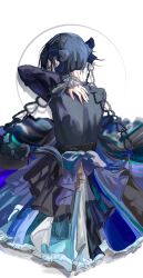1girl ado_(utaite) back_bow black_hair blue_bow blue_skirt bow braid braided_hair_rings chando_(ado) commentary from_behind hair_rings hand_up highres kahuna90231217 layered_skirt long_hair long_sleeves skirt solo symbol-only_commentary