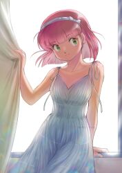 1girl artist_name bare_arms bow bow_hairband breasts closed_mouth commentary cowboy_shot curtain_grab curtains dress green_eyes hairband hand_up head_tilt indoors looking_to_the_side miyake_shinobu miz_mus pink_hair short_hair sleeveless sleeveless_dress small_breasts smile solo spaghetti_strap standing sundress twitter_username urusei_yatsura white_bow white_dress white_hairband windowsill
