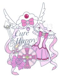 bow bowtie brooch character_name clothes_only coattails compact_(cosmetics) cosmetics cure_happy feather-trimmed_sleeves frilled_skirt frills hair_ornament heart highres jewelry magical_girl mimimi96333 miniskirt no_humans pink_bow pink_bowtie pink_ribbon pink_shirt pink_skirt pleated_skirt pleated_sleeves precure ribbon shirt short_sleeves simple_background skirt skirt_set smile_pact smile_precure! tiara twitter_username unicorn wand watermark white_background wing_hair_ornament