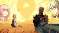 1boy 1girl absurdres armor blue_eyes breasts coat commentary cyrene_(honkai:_star_rail) dress english_commentary highres honkai:_star_rail honkai_(series) jewelry kephale_(honkai:_star_rail) multicolored_hair necklace outdoors pauldrons phainon_(honkai:_star_rail) pink_hair purple_coat short_hair shoulder_armor single_pauldron sky small_breasts two-tone_hair wheat wheat_field white_coat white_dress white_hair yellow_sky yeorelz_15