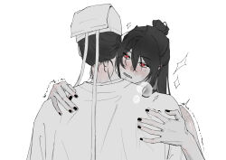2boys absurdres ahuang_bushi_huanggou black_hair black_nails blush breath chinese_clothes chinese_commentary dao_gui_yi_xian ear_blush hair_between_eyes hair_bun half_updo hand_on_another&#039;s_shoulder hanfu hat hat_ribbon heavy_breathing highres hug implied_sex jin_(headwear) li_huowang long_hair looking_at_another male_focus monochrome multiple_boys nail_polish neck_blush open_mouth red_eyes ribbon saliva shoulder_blush simple_background single_hair_bun spot_color sweat tears trembling updo upper_body white_background white_hat yaoi zhouzi_jin_(headwear) zhuge_yuan