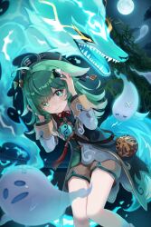 1girl ahoge animal_ears crossed_bandaids fiery_tail fox_ears fox_girl fox_tail full_moon ghost green_eyes green_hair hair_ornament highres honkai:_star_rail honkai_(series) huohuo_(honkai:_star_rail) kumajyayo long_sleeves moon night night_sky paw-shaped_pupils sharp_teeth shorts sky socks symbol-shaped_pupils tail tail_(honkai:_star_rail) tassel tearing_up teeth white_socks x_x yellow_eyes yin_yang yin_yang_hair_ornament