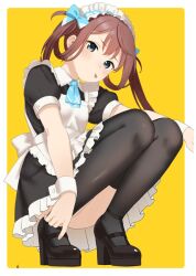 1girl :p apron asagumo_(kancolle) ass black_dress black_thighhighs blush breasts brown_hair dress full_body grey_eyes high_heels kantai_collection long_hair looking_at_viewer maid maid_headdress mary_janes sakiecho shoes small_breasts solo squatting strappy_heels thighhighs tongue tongue_out twintails