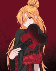 Rule 34 | 1girl, black hanfu, black nails, blonde hair, chinese clothes, cosplay, don quixote (project moon), hand fan, hanfu, highres, holding, holding fan, limbus company, long hair, long sleeves, looking at viewer, project moon, red background, red eyes, red sash, red streaks, red trim, sash, simple background, solo, ss0 520, standing, upper body, zigong (project moon), zigong (project moon) (cosplay)