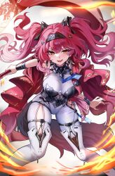 Rule 34 | 1girl, armor, black bow, bodysuit, boots, bow, breastplate, breasts, collar, commentary, earrings, hair bow, hair ornament, hairband, headgear, highres, holding, holding polearm, holding weapon, jewelry, large breasts, long hair, looking at viewer, lupa (wuthering waves), metal collar, metal hairband, multiple hair bows, pink hair, polearm, red pupils, red sash, sak (lemondisk), sash, smile, solo, tail, teeth, thigh boots, twintails, upper teeth only, weapon, white bodysuit, white boots, wolf tail, wrist guards, wuthering waves, yellow eyes