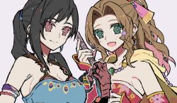 2girls aerith_gainsborough aerith_gainsborough_(terra&#039;s_garb) arm_strap bare_shoulders black_hair blue_shirt breasts brown_hair cape cleavage closed_mouth collarbone commentary_request cosplay dress final_fantasy final_fantasy_vi final_fantasy_vii final_fantasy_vii_ever_crisis gloves green_eyes hair_ribbon halterneck high_ponytail highres hiyunagi holding holding_staff large_breasts long_hair looking_at_viewer multiple_girls official_alternate_costume open_mouth parted_bangs pink_ribbon ponytail red_dress red_eyes red_gloves ribbon sabin_rene_figaro sabin_rene_figaro_(cosplay) shirt small_breasts smile staff strapless strapless_dress terra_branford_(cosplay) tifa_lockhart tifa_lockhart_(sabin&#039;s_style) tina_branford upper_body yellow_cape
