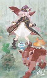 1girl 3others absurdres bag bandolier belt beryl_(sword_of_convallaria) black_coat black_gloves boots braid coat crossover day dress fang fingerless_gloves forest froakie gen_3_pokemon gen_6_pokemon gloves hat hat_feather highres holding holding_poke_ball jequonw long_braid long_hair looking_at_viewer messenger_bag mightyena moss multiple_others nature nintendo open_clothes open_coat outdoors pink_hair poke_ball pokemon purple_eyes shoulder_bag signature single_fingerless_glove sword_of_convallaria tree twin_braids very_long_hair white_dress witch witch_hat zigzagoon