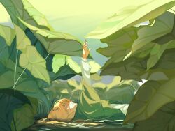 1boy arm_up blonde_hair blue_eyes closed_mouth elf gem glorfindel hand_up leaf looking_at_viewer lying male_focus on_back outdoors pointy_ears solo sulime the_silmarillion tolkien&#039;s_legendarium water