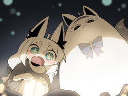 &lt;o&gt;_&lt;o&gt; +_+ 1girl :3 :o absurdres ahoge animal_ears aqua_eyes blush cocomayo29_(tomato) commentary_request fang fox_ears fox_girl hair_between_eyes highres hololive korean_commentary looking_at_viewer looking_down miteiru_(shirakami_fubuki) shirakami_fubuki solo squatting virtual_youtuber white_hair