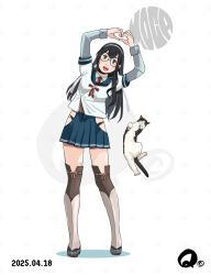 1girl artist_logo black_hair blue_sailor_collar blue_skirt brown_thighhighs cat commentary dated full_body glasses green_hairband hairband heart heart_hands hip_vent kantai_collection leaning_to_the_side logo long_hair ooyodo_(kancolle) pleated_skirt q98780409 sailor_collar school_uniform semi-rimless_eyewear serafuku shirt simple_background skirt standing thighhighs under-rim_eyewear watermark white_background white_shirt