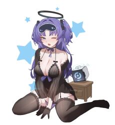 alternate_costume black_halo blue_archive drone garter_straps gigi20040323 gloves hair_ornament halo highres lace_trim mechanical_halo one_eye_closed purple_eyes purple_hair simple_background star_(symbol) thighhighs triangle_hair_ornament white_background yuuka_(blue_archive)