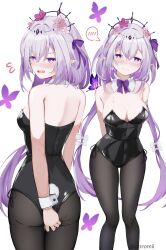 1girl absurdres alternate_breast_size bare_shoulders black_leotard black_pantyhose black_tiara bow bowtie breasts castorice_(honkai:_star_rail) cleavage collar commentary_request detached_collar doromii fake_tail flower flying_sweatdrops from_behind hair_flower hair_ornament highres honkai:_star_rail honkai_(series) large_breasts leotard long_hair looking_at_viewer pantyhose playboy_bunny pointy_ears purple_bow purple_bowtie purple_eyes purple_hair rabbit_tail simple_background spoken_blush sweatdrop tail tiara white_background white_collar