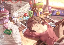1girl aperture_science_weighted_companion_cube bad_id bad_pixiv_id book brown_hair cassette_tape character_doll chinchongcha clock closed_eyes crossover day digimon_(creature) digital_clock female_focus highres indoors kaonashi kirby kirby_(series) marvel minecraft multiple_crossover my_little_pony my_little_pony:_friendship_is_magic nintendo object_behind_ear off_shoulder original overwatch overwatch_1 paper_stack poke_ball poke_ball_(basic) pokemon ponytail portal_(series) portal_1 short_hair sitting sleeping solo spider-man spider-man_(series) stuffed_animal stuffed_horse stuffed_toy toy_airplane wall-e wall-e_(character) window