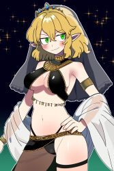 1girl alternate_costume bikini black_background black_bikini blonde_hair blush body_blush bollzzalguy breasts bridal_veil cleavage closed_mouth commentary contrapposto cowboy_shot dancer ear_blush gold_trim gradient_background green_background green_eyes highres looking_at_viewer medium_breasts mizuhashi_parsee navel pointy_ears shawl short_hair smile solo sparkle swimsuit thigh_strap touhou v-shaped_eyebrows veil white_shawl