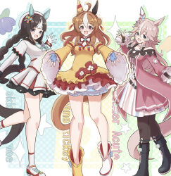 3girls :d ahoge animal_ears asymmetrical_footwear bare_shoulders beret black_boots black_hair black_sailor_collar blue_gloves blush boots braid breasts brown_hair brown_pantyhose character_name cleavage commentary_request copano_rickey_(umamusume) detached_sleeves dress fingerless_gloves gloves green_eyes hair_between_eyes hair_bobbles hair_ornament hat highres hokko_tarumae_(umamusume) horse_ears horse_girl horse_tail jacket long_sleeves low_twintails medium_breasts mismatched_footwear multicolored_hair multiple_girls off-shoulder_jacket off_shoulder open_mouth pantyhose pink_jacket pleated_dress pleated_skirt polka_dot polka_dot_background red_eyes sailor_collar shoes short_eyebrows skirt sleeves_past_wrists smile socks star_(symbol) streaked_hair sunanuko_(ramuneko) tail thick_eyebrows twin_braids twintails two-tone_hair umamusume white_boots white_dress white_hair white_hat white_jacket white_shoes white_skirt white_socks wide_sleeves wonder_acute_(umamusume) yellow_boots yellow_dress yellow_sleeves