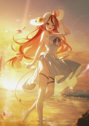 1girl absurdres bare_shoulders black_hair blurry blurry_background breasts dress foot_out_of_frame hakos_baelz hat highres hololive hololive_english jiang_ye_kiri long_hair medium_breasts missing_commentary multicolored_hair outdoors red_hair solo spaghetti_strap sunset virtual_youtuber walking walking_on_liquid white_dress white_hair white_hat