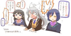 3girls :&gt; :d black_hair black_jacket blank_eyes blazer blue_eyes blue_hair blue_jacket blush_stickers bow braid brown_cardigan brown_eyes cardigan chibi collared_shirt grey_hair hair_between_eyes half-closed_eyes higuchi_kaede higuchi_kaede_(1st_costume) jacket jk_gumi_(nijisanji) long_hair long_sleeves multiple_girls necktie nijisanji open_clothes open_jacket open_mouth pink_bow ponytail purple_bow purple_necktie rebecca_(keinelove) school_uniform shirt shizuka_rin shizuka_rin_(1st_costume) simple_background sleeves_past_wrists smile sweat translation_request triangle_mouth tsukino_mito tsukino_mito_(1st_costume) upper_body v-shaped_eyebrows very_long_hair virtual_youtuber wavy_mouth white_background white_shirt