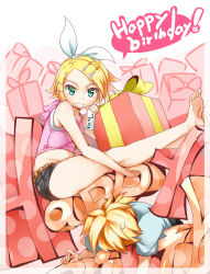 1boy 1girl bad_id bad_pixiv_id barefoot blonde_hair brother_and_sister crushing gift green_eyes grin hair_ornament hair_ribbon hairclip happy_birthday highres hood hoodie kagamine_len kagamine_rin looking_at_viewer midriff nac000 ribbon short_hair shorts siblings smile sweatdrop tank_top twins vocaloid