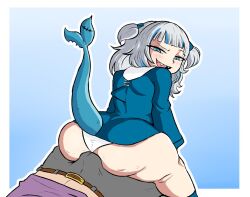 1boy 1girl age_difference ass blue_background blue_eyes blue_hair blue_hoodie blush border bulge buttjob buttjob_over_clothes erection erection_under_clothes eyebrows eyelashes feet_out_of_frame fish_tail from_behind gawr_gura gawr_gura_(1st_costume) girl_on_top gradient_background grey_hair half-closed_eyes hetero hololive hololive_english hood hood_down hoodie huge_ass keenkix kyojiri_loli loli long_hair long_sleeves looking_at_another looking_back looking_down multicolored_hair naughty_face open_mouth panties shark_girl shark_tail sharp_teeth simple_background sitting sitting_on_person smile solo_focus streaked_hair tail teeth two-tone_hair two_side_up underwear upper_teeth_only virtual_youtuber white_border white_panties