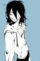 1boy ahoge arms_at_sides bags_under_eyes blue_background blue_eyes chinese_commentary closed_mouth collarbone commentary_request creepypasta double-parted_bangs drawstring facing_viewer from_above greyscale_with_colored_background high_contrast highres hood hood_down hoodie jeff_the_killer long_sleeves looking_back male_focus medium_hair no_nose pants puffy_long_sleeves puffy_sleeves sgledehea simple_background smile solo spot_color turning_head wide-eyed