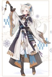1girl absurdres animal_ear_fluff animal_ears black_boots black_gloves boots breasts brown_eyes cat_ears cat_tail coat facial_mark final_fantasy final_fantasy_xiv gloves grey_hair highres holding holding_sword holding_weapon japanese_clothes long_hair long_sleeves looking_at_viewer mokokoiro pants shirt solo sword tail warrior_of_light_(ff14) weapon white_pants white_shirt wide_sleeves