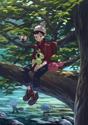 1boy amakara000 backpack bag beanie brown_bag brown_eyes brown_footwear brown_hair cherubi closed_mouth commentary creatures_(company) day game_freak gen_2_pokemon gen_4_pokemon gen_7_pokemon gen_8_pokemon grey_headwear grookey hat highres in_tree male_focus nintendo on_lap outdoors pants pikipek pokemon pokemon_(creature) pokemon_on_lap pokemon_swsh red_shirt shirt shoes short_hair sitting sleeves_rolled_up smile symbol-only_commentary tree victor_(pokemon) wooper
