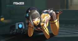 absurdres acmskoo3 all_fours anal anal_object_insertion ball_gag bodysuit bound bound_arms bound_legs breasts brown_hair cleavage cleavage_cutout clothing_cutout dildo_gag full_body gag gagged girls&#039;_frontline hat heterochromia highres human_dog latex latex_bodysuit looking_at_viewer low_twintails object_insertion pet_play red_eyes restrained ro635_(girls&#039;_frontline) skin_tight small_breasts solo tam_o&#039;_shanter twintails yellow_eyes
