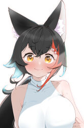 1girl animal_ear_fluff animal_ears bare_arms bare_shoulders black_hair blush breasts closed_mouth commentary_request flipped_hair hair_ornament hairclip highres hololive hug impossible_clothes impossible_shirt kani_bonara large_breasts long_hair looking_at_viewer multicolored_hair official_alternate_costume ookami_mio ookami_mio_(street) red_hair shirt simple_background sleeveless sleeveless_shirt smile solo spiked_hair streaked_hair sweat turtleneck turtleneck_shirt upper_body very_long_hair very_sweaty virtual_youtuber white_background white_shirt wolf_ears yellow_eyes