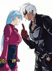 Rule 34 | 1boy, 1girl, arguing, black jacket, blue hair, bodysuit, cigarette, cross, dark-skinned male, dark skin, gloves, highres, jacket, jewelry, k&#039; (kof), kula diamond, long hair, looking at another, necklace, nemui2242, pointing, pointing at another, pout, red eyes, short hair, snk, sunglasses, the king of fighters, white background, white hair, zipper