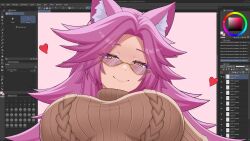 1girl animal_ear_fluff animal_ears blush breasts brown_sweater character_request copyright_request glasses highres kershok large_breasts long_hair looking_at_viewer pink_hair semi-rimless_eyewear smile solo sweater under-rim_eyewear upper_body yellow_eyes