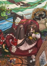 1girl absurdres animal_ear_fluff animal_ears antfarm armchair ball black_skirt black_thighhighs brown_hair cat_ears cat_girl cat_tail chair closed_eyes crown fish_hair_ornament fumino_tamaki fumino_tamaki_(1st_costume) hair_ornament hairclip highres hood hood_down hoodie hug indoors koze_niire miniskirt nijisanji pleated_skirt rope rug shoes short_hair sitting_sideways skirt sleeping sneakers solo tail tennis_ball thighhighs twitter_username virtual_youtuber