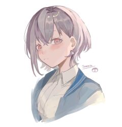 1girl bang_dream! bang_dream!_it&#039;s_mygo!!!!! blue_jacket character_name collared_shirt commentary earrings grey_hair hashtag-only_commentary highres jacket jewelry kkkawa_rin parted_lips pink_eyes shirt short_hair simple_background solo takamatsu_tomori upper_body white_background white_shirt