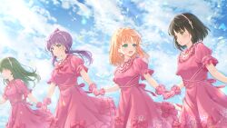 Rule 34 | 4girls, :d, :o, absurdres, alternate costume, aqua eyes, black hair, blue skirt, blue sky, blunt bangs, blunt ends, blush, bow, bowtie, breasts, cerise bouquet, closed mouth, cloud, commentary request, crossed bangs, dress, dress bow, earrings, eye contact, flower earrings, flower hairband, frilled gloves, frills, gloves, green eyes, green hair, hairband, hanazora satsuki, highres, hinoshita kaho, holding hands, jewelry, link! like! love live!, long hair, looking at another, love live!, medium breasts, medium dress, medium hair, momose ginko, multiple girls, neck ribbon, no eyes, official alternate costume, ogami sachi, open mouth, orange hair, otomune kozue, outdoors, pink bow, pink bowtie, pink dress, pink gloves, pink ribbon, puffy short sleeves, puffy sleeves, purple hair, reflection in the mirror (love live!), ribbon, short hair, short sleeves, side ponytail, sidelocks, skirt, sky, smile, straight hair, two side up, virtual youtuber, white hairband