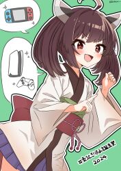 +_+ ahoge back_bow birthday black_hair blue_skirt blush bow commentary_request controller cowboy_shot fang from_side game_console game_controller green_background hand_up highres image_in_speech_bubble index_finger_raised japanese_clothes kimono knife_hair_ornament looking_at_viewer nintendo_switch obi open_mouth pleated_skirt poke_kuu red_eyes sash short_hair short_twintails skirt sparkle touhoku_kiritan translation_request twintails twitter_username voiceroid white_kimono