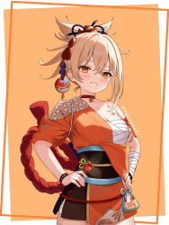 1girl absurdres arm_tattoo bandaged_leg bandages blonde_hair breasts butterfly_choker chest_sarashi chest_tattoo choker cleavage cowboy_shot flower_tattoo genshin_impact grin hadanugi_dousa hair_between_eyes hair_ornament hands_on_own_hips highres japanese_clothes kimono looking_at_viewer narawannko open_kimono orange_kimono ponytail red_choker rope sarashi shimenawa short_ponytail single_bare_shoulder smile solo tattoo twitter_username yellow_eyes yoimiya_(genshin_impact)