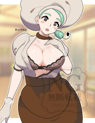 1girl :o absurdres apron areola_slip blush_stickers bra breasts brown_apron brown_eyes brown_skirt commentary_request gloves green_hair hand_up hat highres katy_(pokemon) large_breasts mole mole_on_cheek nintendo open_mouth pokemon pokemon_sv rurihikop shirt skirt solo twitter_username underwear waist_apron watermark