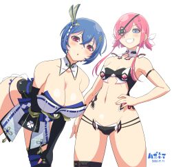 Rule 34 | amane (senran kagura), arm under breasts, bent over, blue eyes, blue hair, blush, breasts, cleavage, eyepatch, fingerless gloves, flat chest, gloves, haganemaru kennosuke, hand on own hip, highres, japanese clothes, kazakiri (senran kagura), large breasts, navel, pink hair, red eyes, senran kagura, short hair, smile