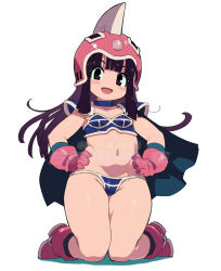 1girl :d absurdres armor bikini bikini_armor black_eyes black_hair blue_bikini blue_cape boots breasts cape chi-chi_(dragon_ball) cleavage dragon_ball dragon_ball_(classic) full_body gloves hands_on_own_hips helmet highres kneeling loli long_hair looking_at_viewer navel open_mouth pink_boots pink_gloves pink_helmet small_breasts smile solo swimsuit zankuro