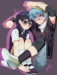 1boy 1girl antenna_hair arm_up aubrey_(faraway)_(omori) aubrey_(omori) beanie bike_shorts bike_shorts_under_shorts black_eyes black_hair black_shirt black_shoes black_sweater_vest blue_hair blue_shorts bright_pupils closed_mouth collared_shirt commentary cross-eyed denim denim_shorts double-parted_bangs ear_piercing elbow_pads english_commentary expressionless frown full_body genderswap genderswap_(ftm) genderswap_(mtf) green_hat green_shoes grey_background hair_behind_ear hair_between_eyes hair_ornament hair_over_shoulder hair_tie hairclip hand_on_own_head hat hetero highres kneehighs knees_up looking_at_viewer low_twintails mary_janes medium_hair miomawla omori piercing shirt shoes short_hair short_sleeves shorts signature simple_background sitting socks sunny_(omori) sweatdrop sweater_vest twintails upturned_eyes v-neck white_pupils white_shirt white_socks