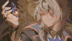 Rule 34 | 1boy, 1girl, anaxa (honkai: star rail), black coat, blonde hair, blue eyes, cerces (honkai: star rail), closed eyes, coat, collar, collared coat, coreflame (honkai: star rail), crystal earrings, dark, earrings, eyepatch, green hair, hair between eyes, hand up, hashtag-only commentary, head tilt, highres, holding, hole in chest, hole on body, honkai: star rail, honkai (series), jewelry, light smile, long hair, looking at object, makeup, male focus, plusx ie, runny makeup, side ponytail, simple background, single earring, smirk, white undershirt