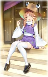 Rule 34 | 1girl, animal print, black shoes, blonde hair, brown hat, candy, door, food, frog print, full body, hair ribbon, hat, hataraki kuma, highres, holding, holding candy, holding food, holding lollipop, light particles, loafers, lollipop, long hair, long sleeves, moriya suwako, open mouth, parted bangs, purple skirt, red ribbon, ribbon, shoes, short hair with long locks, sidelocks, sitting, skirt, smile, solo, stairs, thighhighs, touhou, turtleneck, white thighhighs, wide sleeves, yellow eyes, zettai ryouiki
